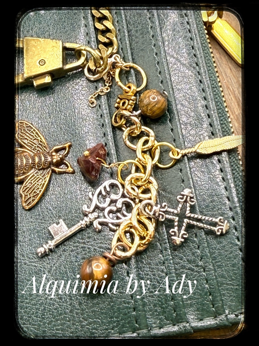 Alquimia Gold & Silver Charm Keychain with Brown Beads
